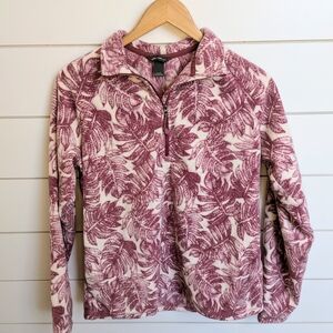 Eddie Bauer L Maroon Wine Botanical Leaf Fleece 1/4 Quarter Zip Pullover Quest